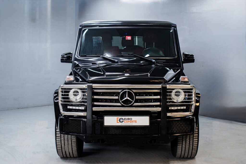 Front view of a black Mercedes G-Class at Euro Experts in Dubai