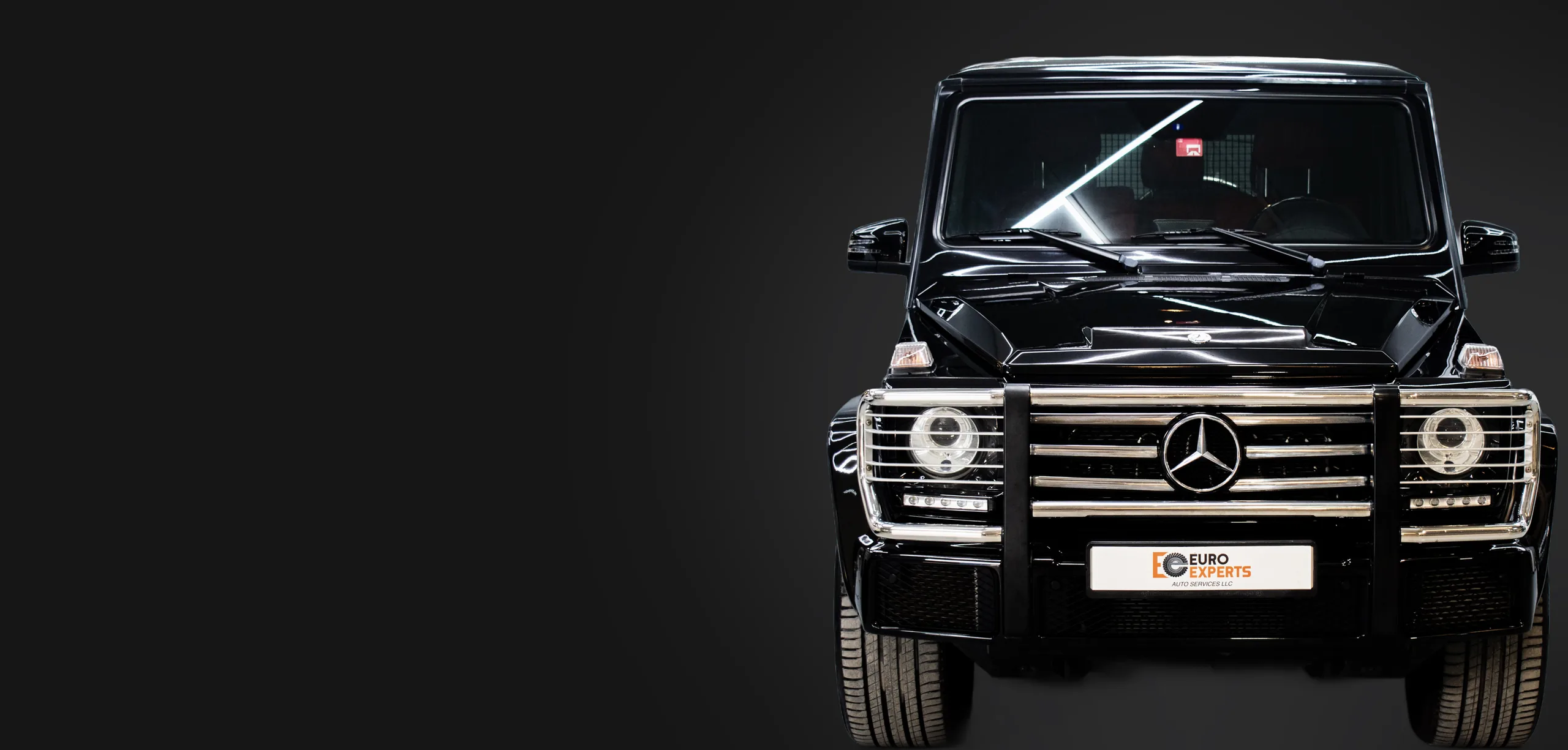 Black Mercedes G-Class front view with Euro Experts plate, Mercedes service in Dubai